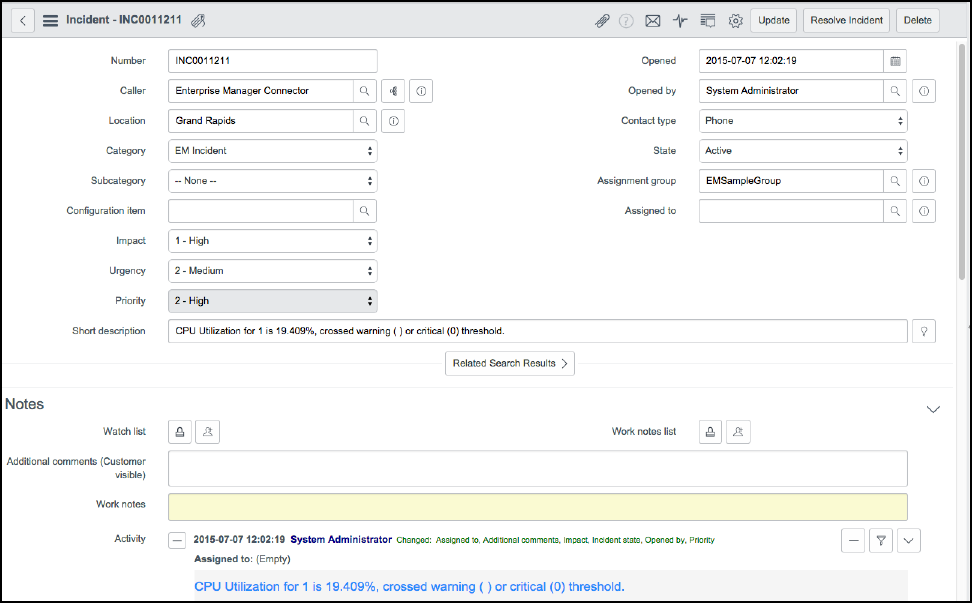 ServiceNowでのインシデントの詳細