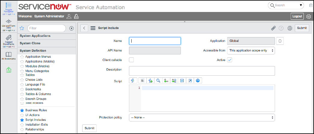 ServiceNowの「Script Include」ウィンドウのスクリーン・ショットの例。