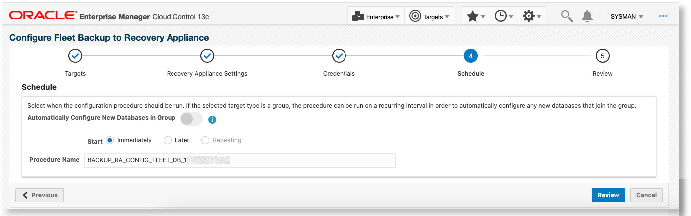 リカバリ・アプライアンスにバックアップするためのData Guard以外のデータベースの構成 - 「スケジュール」ページ