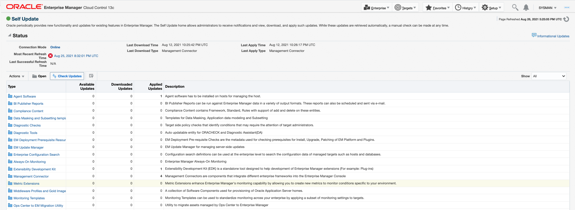 イメージは、Enterprise Managerの「自己更新」ページを示しています。