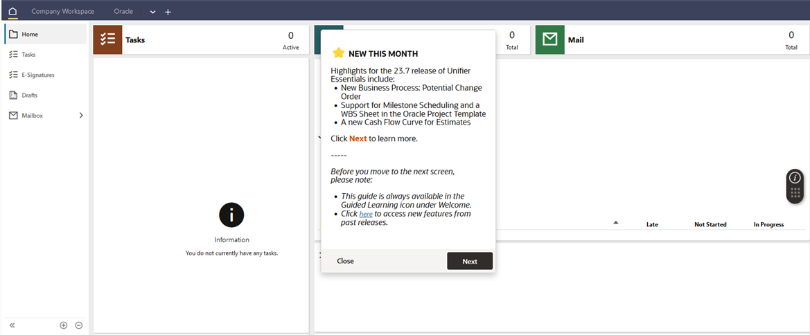 Example of highlights provided in Oracle Guided Learning widget