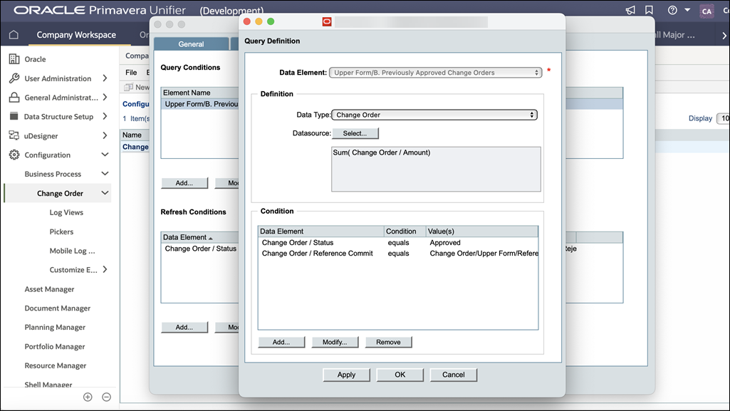 Stacked windows displaying the query tab of the change order business process and a query definition window.