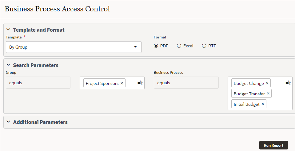 Screenshot of the Business Process Access Control report setup screen.