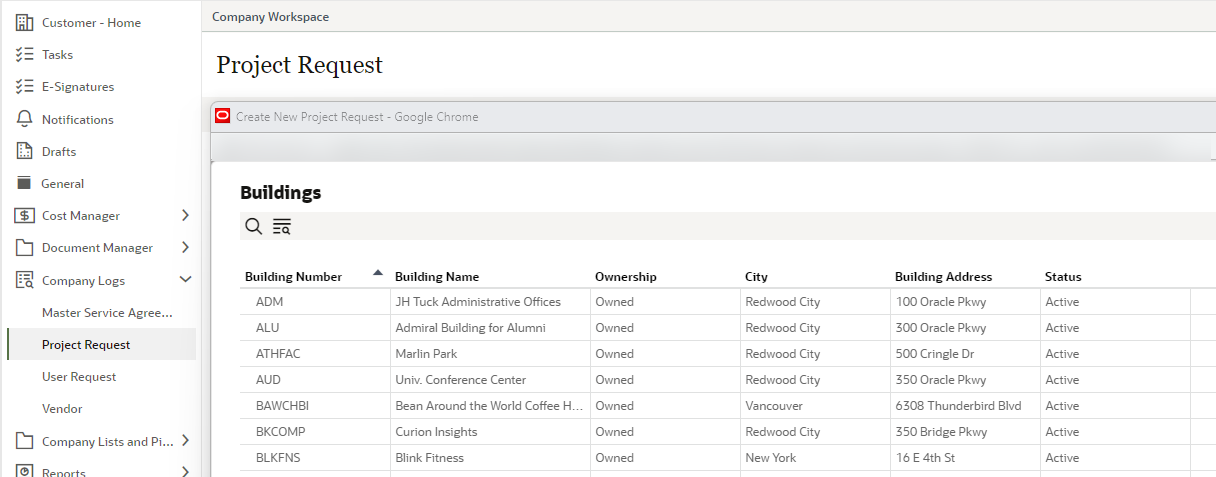 In a project request form, the Buildings picker now includes the address of the building.