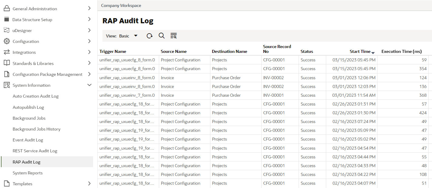 Image of the reverse-auto-population audit log, showing the name of an RAP trigger, source, destination, status, and timing information.