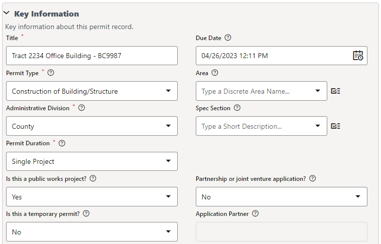 Screenshot of the Key Information block of a permit record, with Title, Permit Type, Administrative Division, and Permit Duration as required fields.