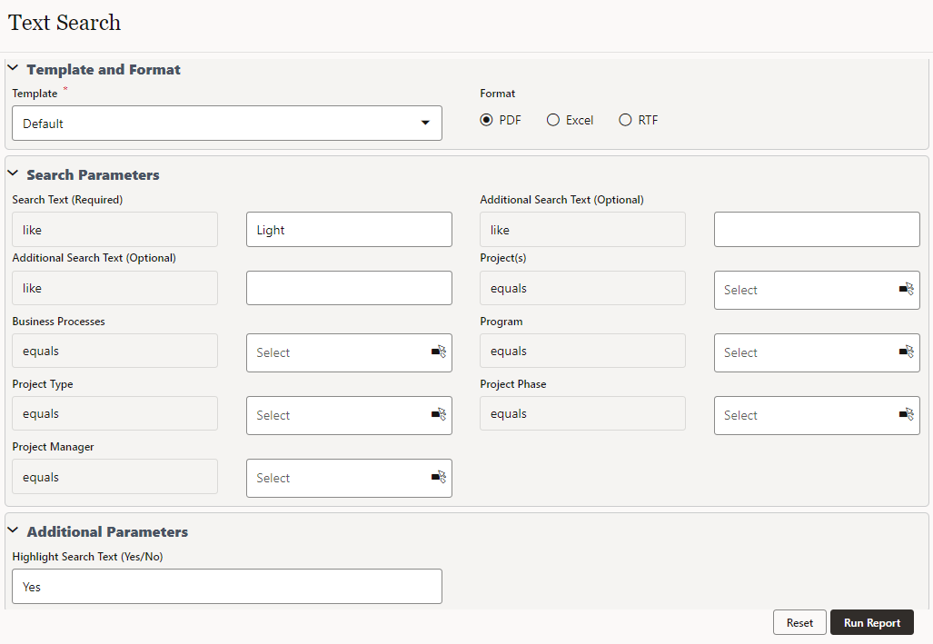 Screenshot of the Text Search report, including the available Search Parameters; the word "light" is being searched after.