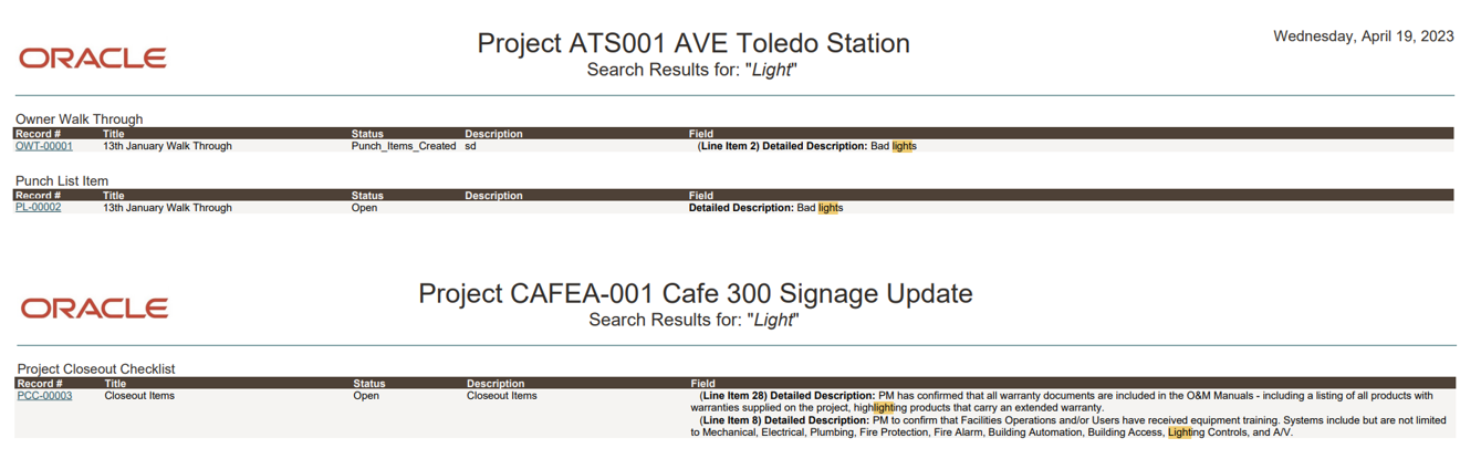 Image showing output from a text search for the word "light", with the word found in three business processes across two business processes.