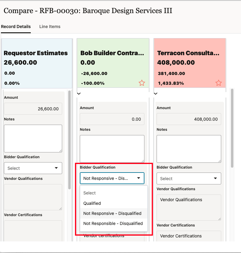 Screen shot of the new Bidder Qualification field, showing three options: Qualified, Not Responsive - Disqualified, and Not Responsible - Disqualified.