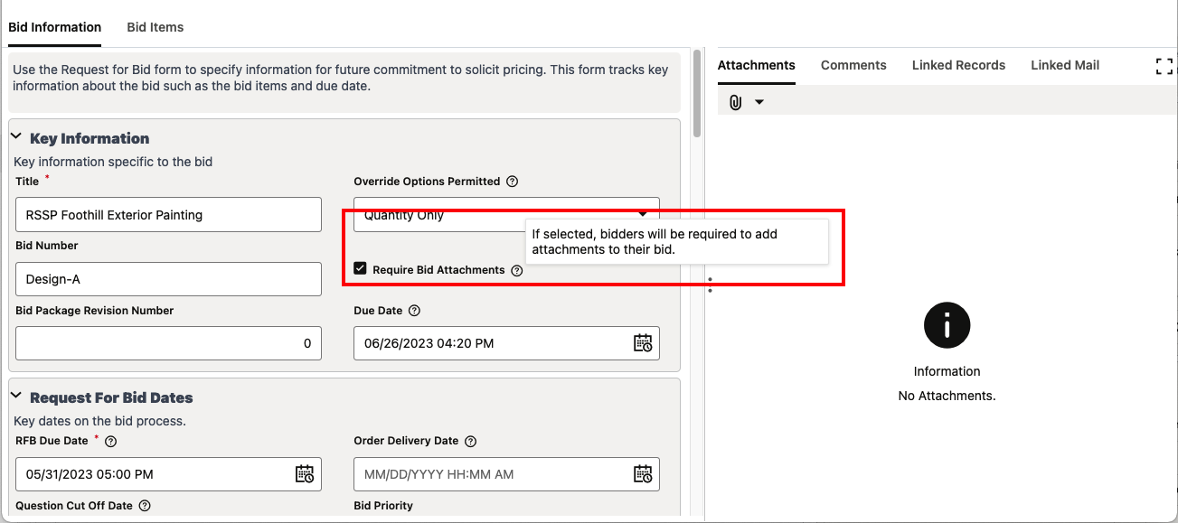 Screen shot of a request for bid upper form, with a checkbox indicating that bidders must add an attachment to a bid.