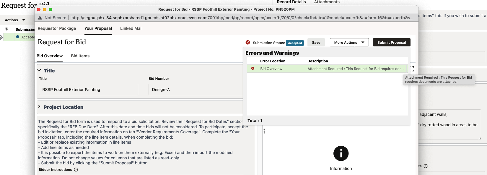 Screen shot of a bid submission; the bidder has attempted to submit a bid without an attachment, and an error notification shows that the bid cannot be submitted without such an attachment.