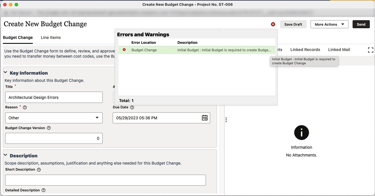 Screen shot of a budget change document. The user has attempted to file a budget change document without an initial budget already in place, and an error indicates that this is not permitted.