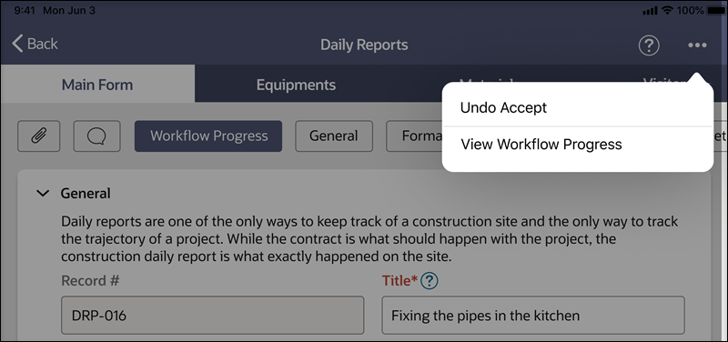 Just after tapping the ellipsis at the upper right corner of the screen, you will see a menu that includes an option View Workflow Progress.