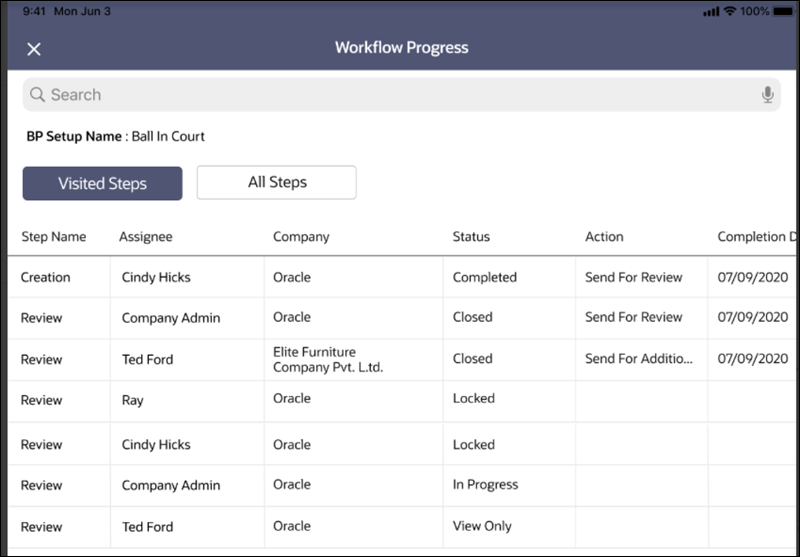 On selection of workflow progress, this screen is displayed on ipad & tablet; shows selector buttons for visited steps or all steps