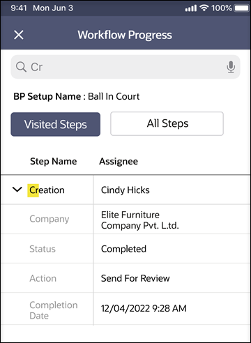 Image of an iOS device. The letters C and R have been typed into the search bar, and one record with the word Creation has been found.
