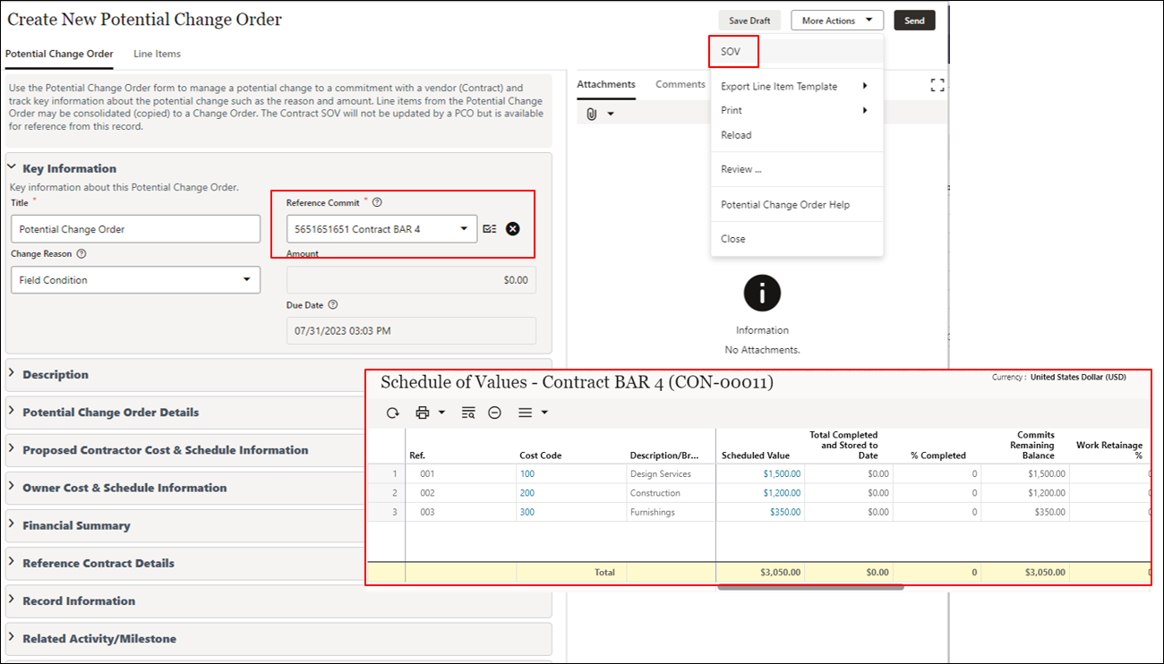 Two composited screens; the one in the back shows a new potential change order record being created, with the SOV drop-down menu highlighted. A smaller foreground image displays an example of a schedule of values related to a specific contract.