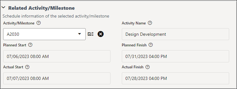 Image of a related activity slash milestone block, where an activity or milestone has been associated with the current business process record.
