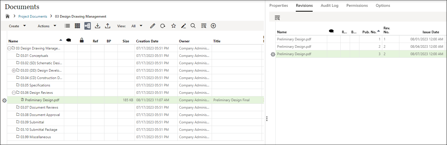 Image of the Unifier Document Manager with a document highlighted in the log and three revisions shown in the details pane.