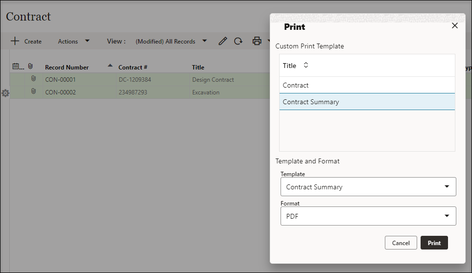 Image of the Contract log with two contracts selected and a custom print launched.