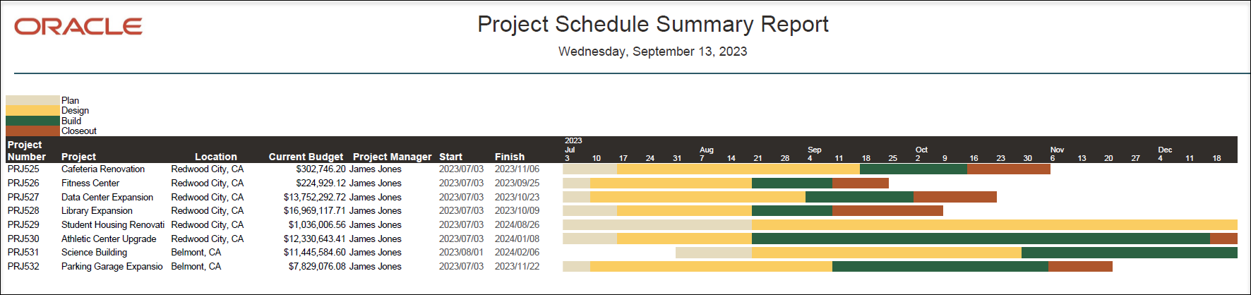 Image of a Project Schedule Summary report, showing projects, locations, current budget, and progress timeline.