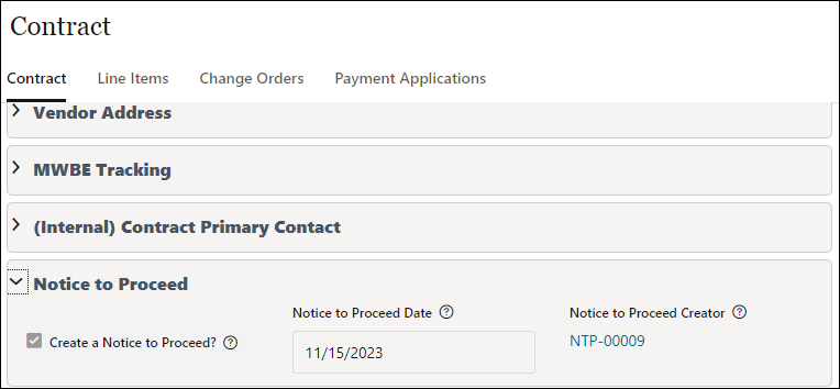 Image of a Contract business process record, with the check mark beside the option titled Create a Notice to Proceed and a date for the notice to proceed