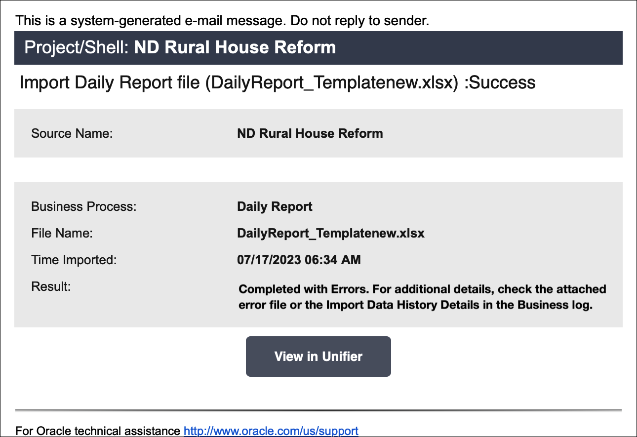 Image of an email auto-generated from Unifier, informing the recipient of errors during import