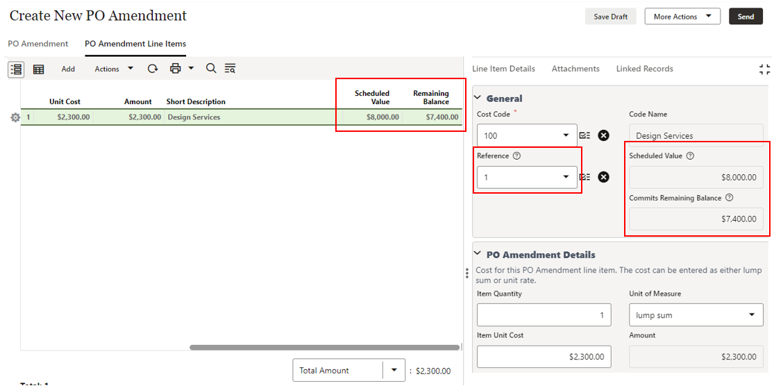 Image of a new PO amendment creation screen's line items tab, showing both scheduled value and commits remaining balance.