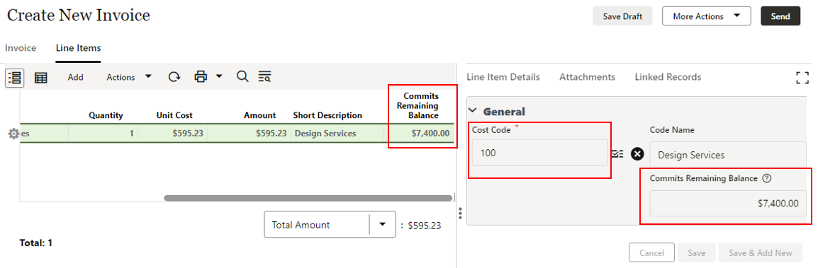 Image of a new invoice creation screen's line items, showing the new commits remaining balance field.