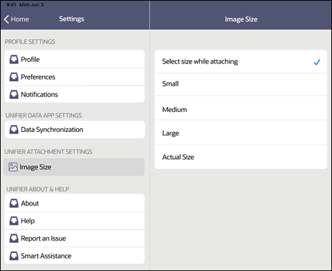 Image of an iOS screen, showing the new setting panel which allows users to select image sizes while attaching or pick one of four sizes for all future attachments.