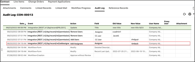 Image of an audit log, showing that an assignee was added to a BP record via REST.