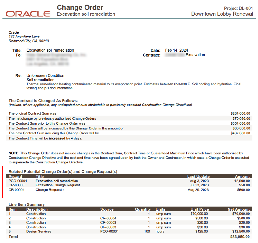 Image of a Change Order custom print, showing three source records for change order line items.