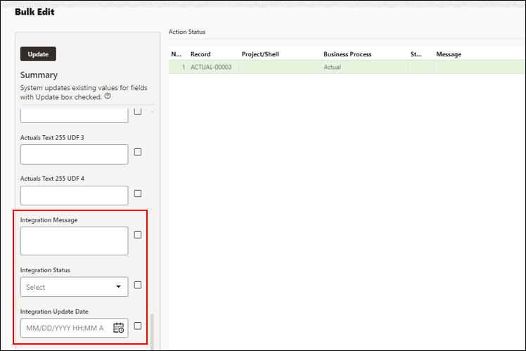 Image of a bulk edit screen, with the three new integration fields highlighted.