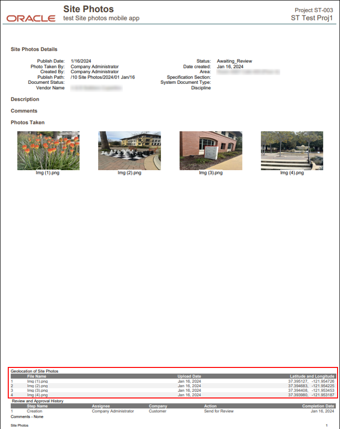 Image of a Site Photos report, with four images displayed and a table beneath, showing latitude and longitude coordinates for each photo.