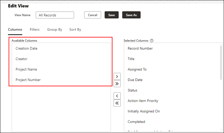 Image of a log view editor, with four new fields highlighted in the left pane.