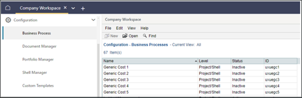 Image of the Business Process configuration node in the Company Workspace, showing Generic Cost business processes 1 through 5.