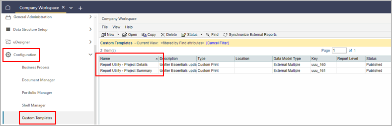 Image of Company Workspace Configuration Node, and then the Custom Templates node selected; two Report Utility custom templates are visible in the log Project Details and Project Summary.