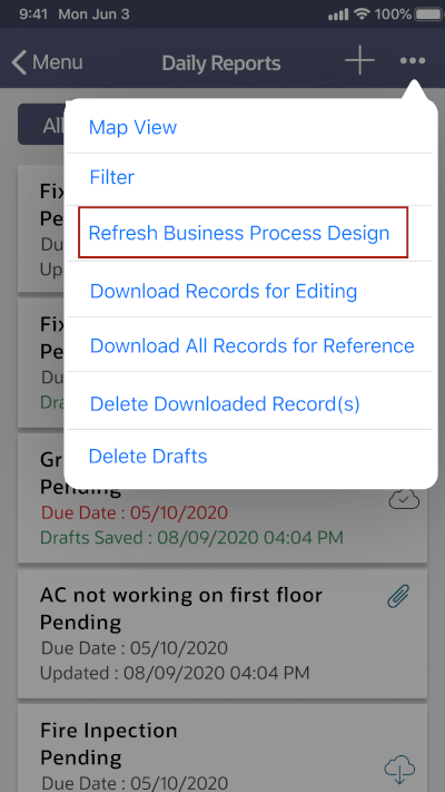 Image of an iOS screen, showing a business process log menu with a highlight around a new item titled Refresh Business Process Design.