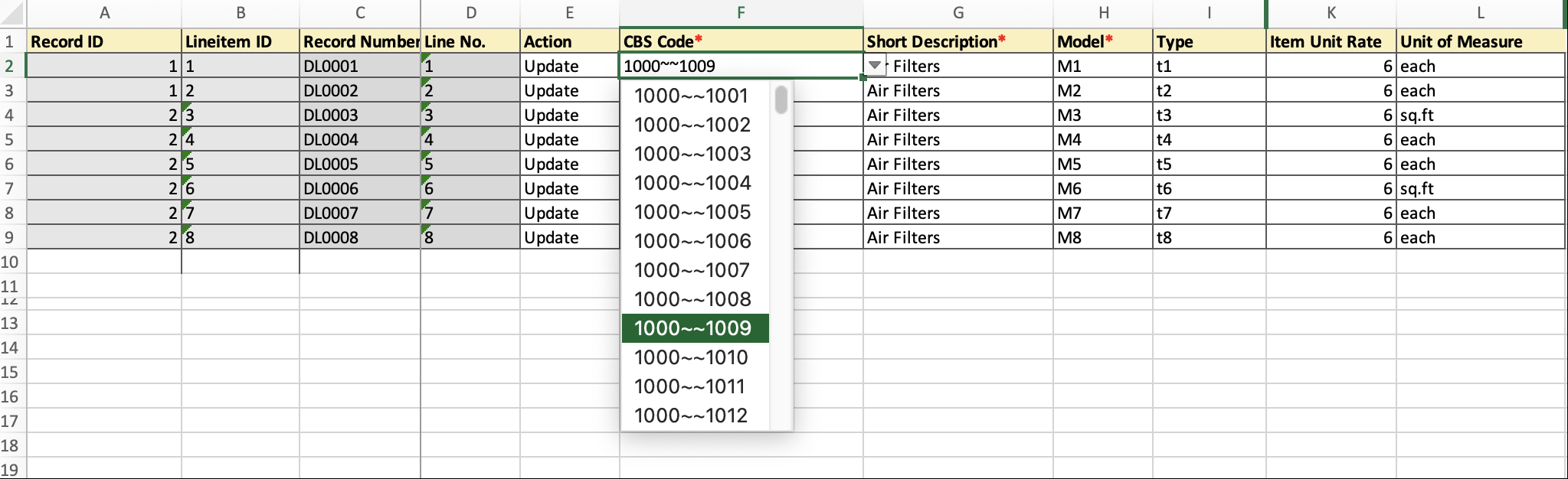 Image of an Excel spreadsheet, showing a column titled CBS Code with a drop-down, allowing for changes to each line item's CBS code.