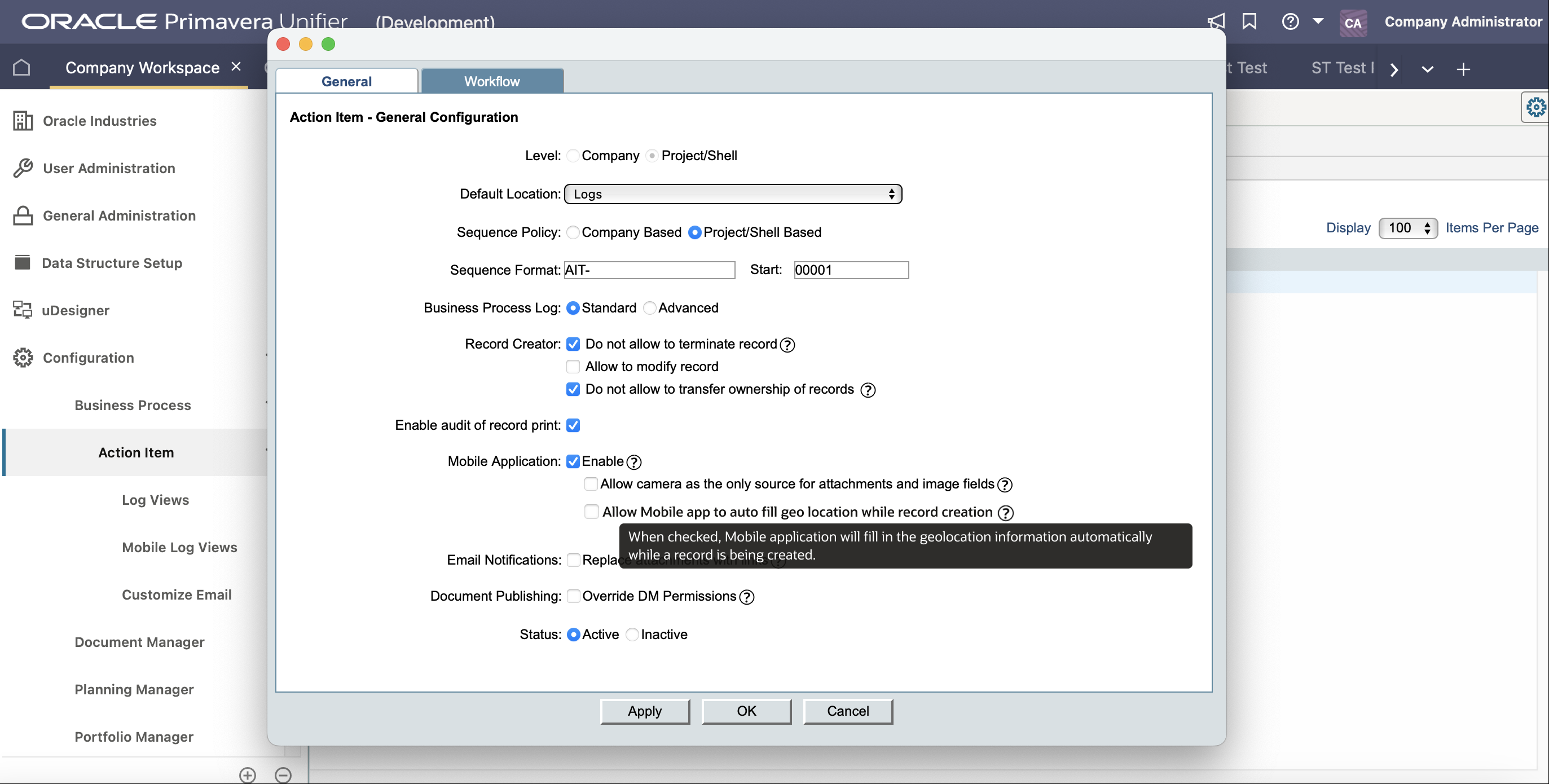 Image of the business process configuration general tabs Mobile Application block, with a new option to allow auto filling of the latitude and longitude upon record creation.