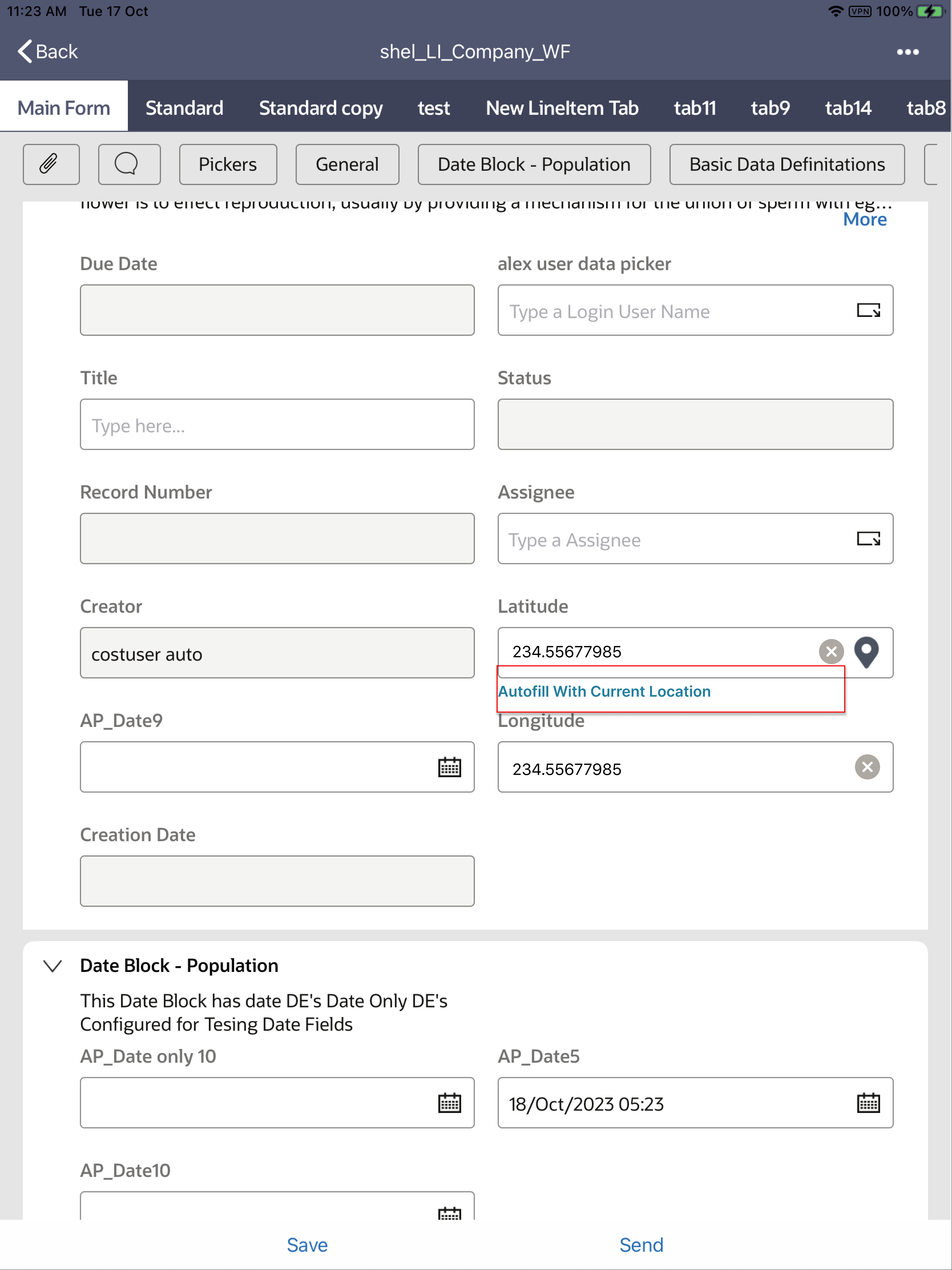 Image of a form in the mobile app, with clickable text allowing the user to autofill latitude and longitude based on the current location.