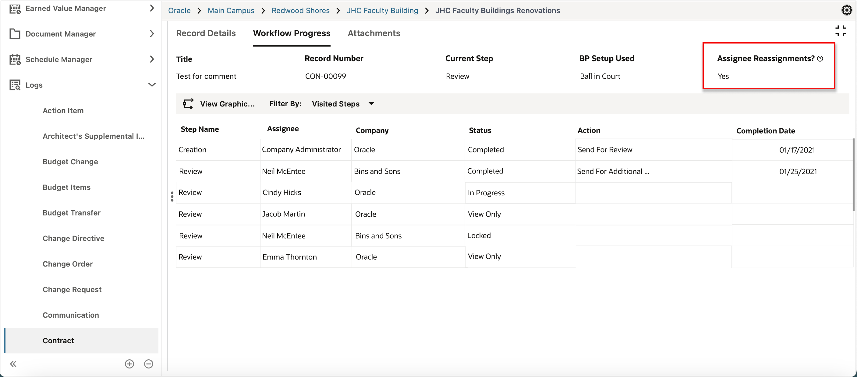 Image of a workflow progress log with a new label showing that the record has been reassigned at some time.