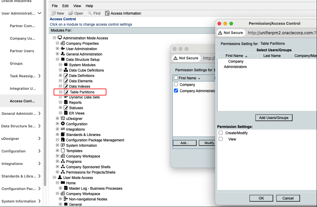 Image of the Access Control log with a new Table Partitions node in the Data Structure Setup highlighted. Additional windows show how the company administrators group can be granted permission to partition t