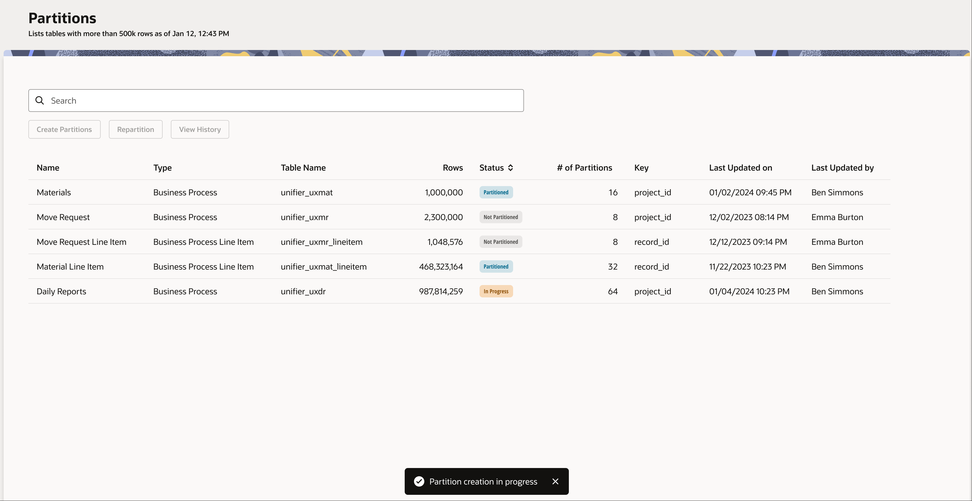 Image of the new Partitions screen, showing five tables, the number of rows in each table, the partition status, and the number of partitions.