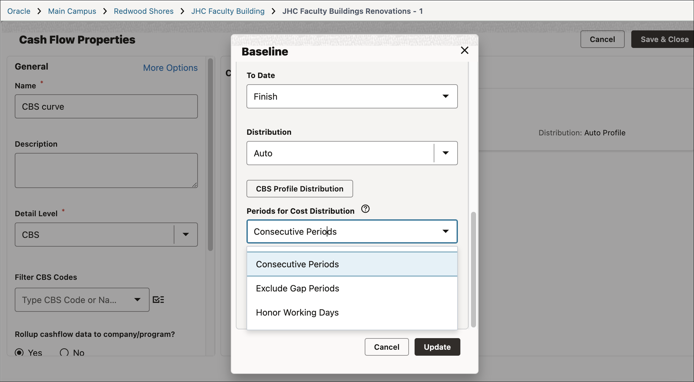 Image of a cash flow properties setup screen, showing details of the baseline curve, with options to handle periods for cost distributions.