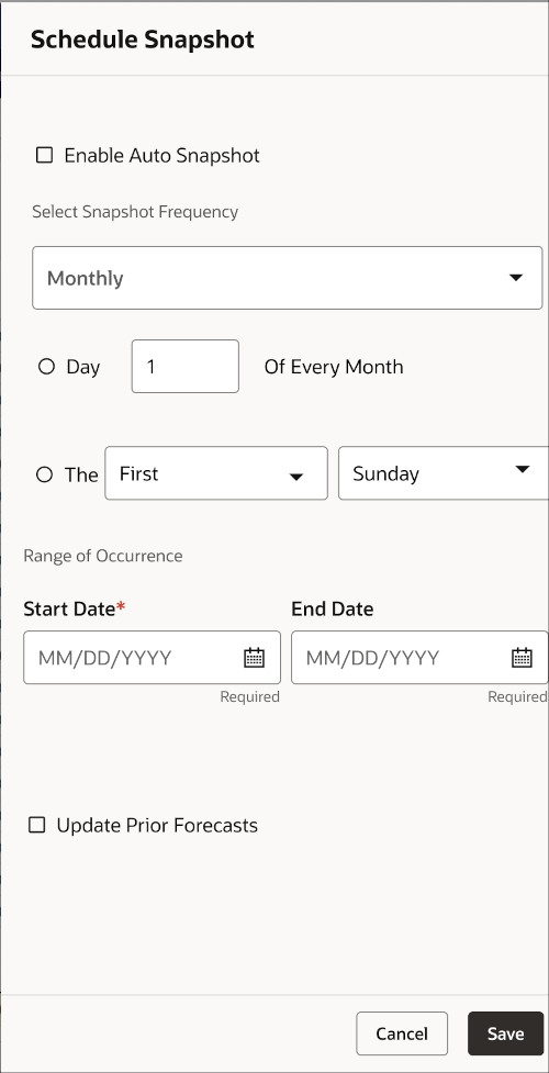 Image of snapshot schedule options, showing that automatic monthly snapshots are enabled, with fields for start date, end date, and an optino to update prior forecasts.