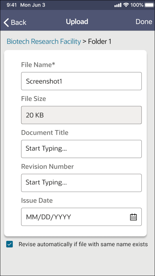 Image of an iOS device screen, showing file upload options, including file name, document title, revision number, issue date, and a checkbox for automatically revising the filename if there is an existing fi