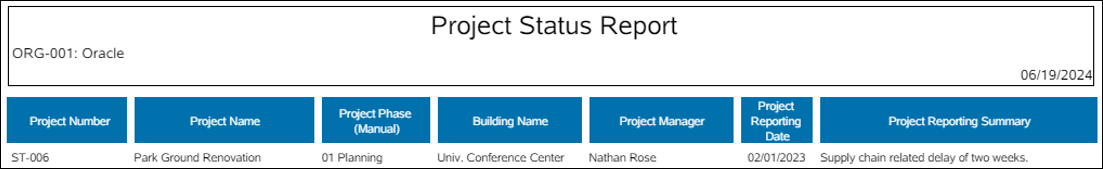 A Project Status Report with one row of data.