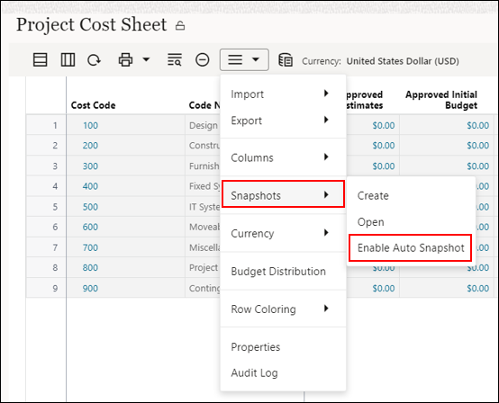 The menu in a Project Cost Sheet, showing the option to Enable Auto Snapshots in the Snapshots submenu.