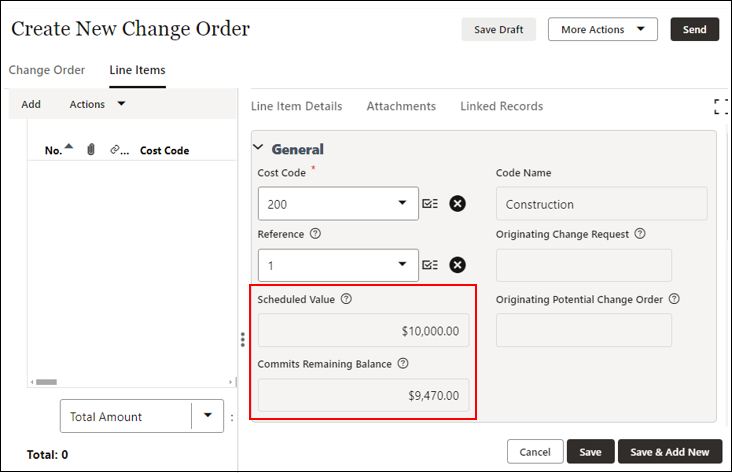 The Line Items tab in a Change Order record, showing both Schedule Values and Commits Remaining Balance.