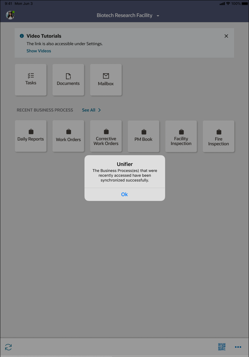 An iOS screen, showing six recently-used business processes that have been synchronized successfully.